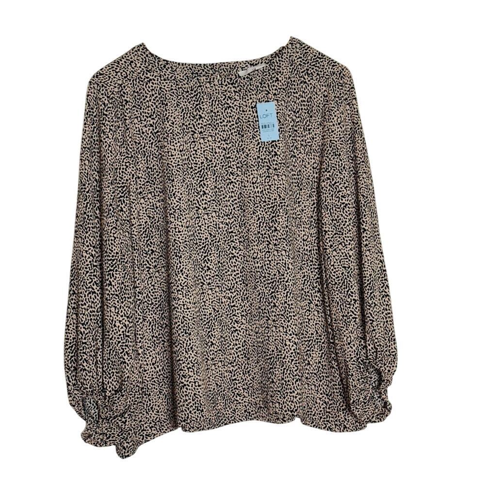 Ann Taylor LOFT Women's Animal Print Billow Sleeve Blouse Top Black Tan Size L